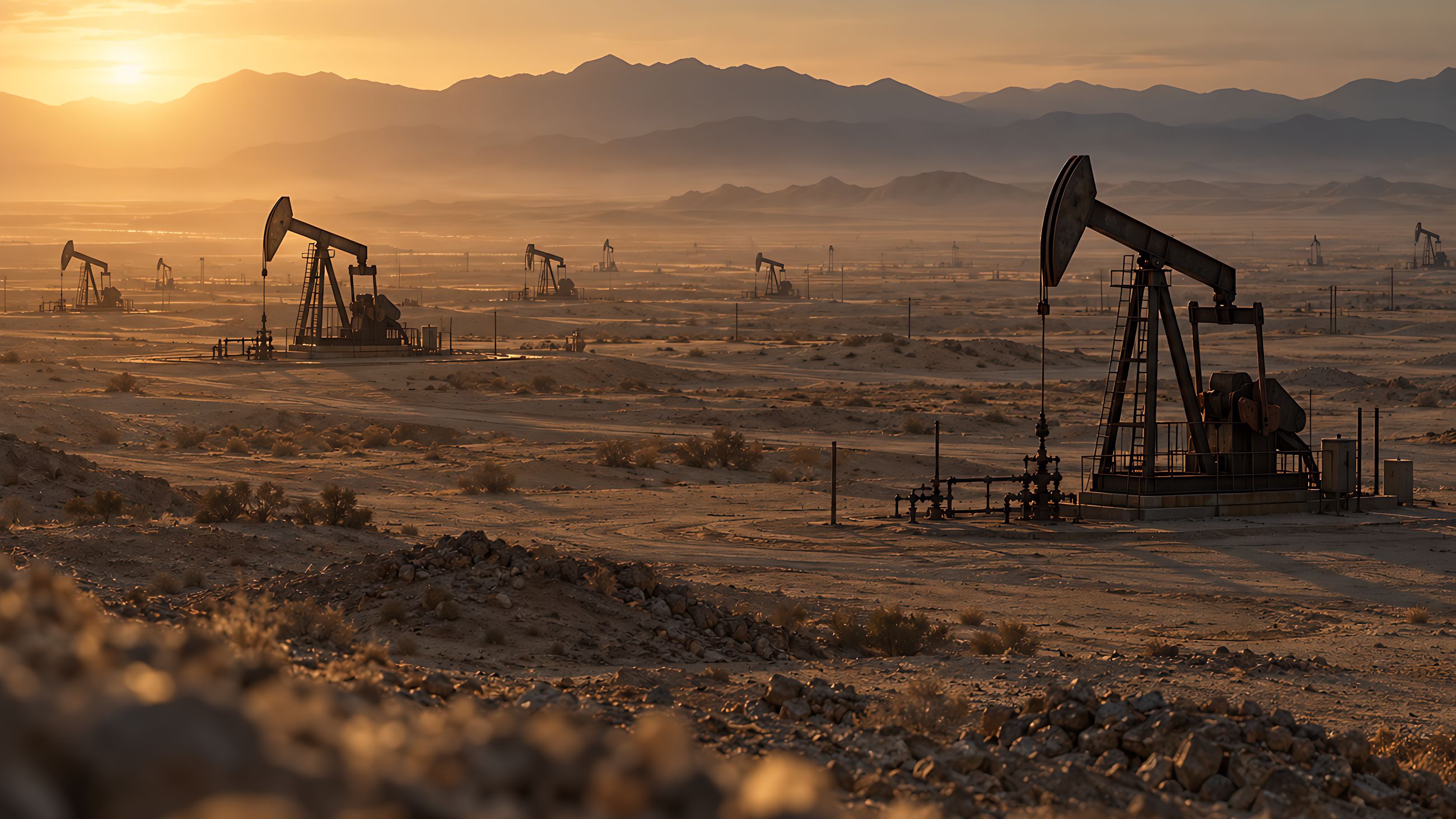 A desert oil field at golden hour: pump jacks and wellheads across a gravel plain, mountains on the horizon.